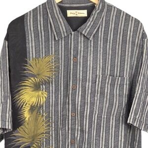 Tommy Bahama Silk Camp Shirt Mens XL Black Gray Striped Palm Tropical Button Up